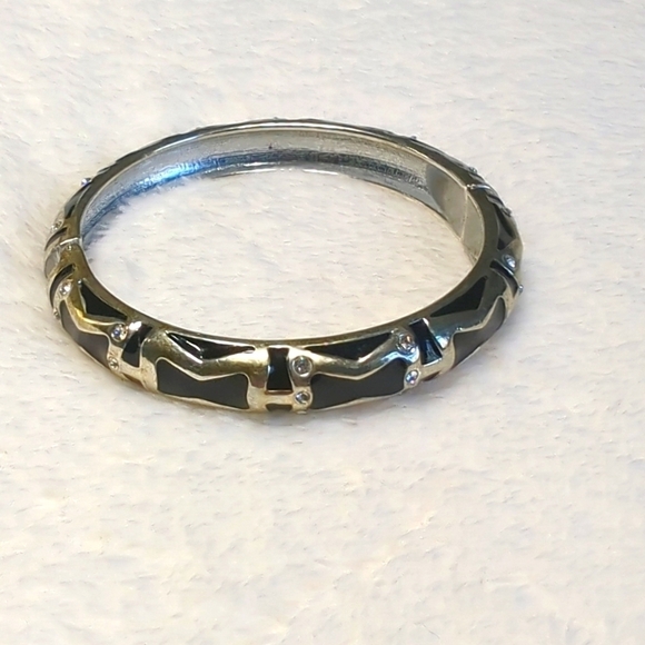 Vintage Sequin Brand Black and Gold Enameled Hinged Bracelet w/ Rhinestones - Picture 9 of 9